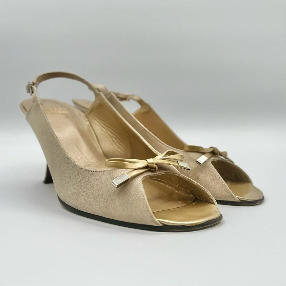 STUART WEITZMAN GOLD PUMP HEELS OPEN TOE SANDALS SLING BACK ADJUSTABLE STRAP 7M - Picture 9 of 14